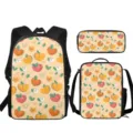 Joli ensemble de sac à dos d'école imprimé pêche avec sac à repas et trousse pour étudiantes. - Imprimé Pêche et Petite Fleur (ACB-0055) / Ensemble trois pièces
