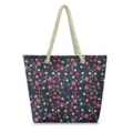 Hawaiian style beach canvas tote bag with floral pattern and rope handles for summer. - 48x38cm / Dark Blue Tropical Floral Style (STB-0031)