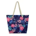 Tropical floral print canvas beach tote bag with thick rope handles for casual summer vacation travel. - Dark Blue Pink Floral Leaves Style (STB-0059)