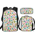 Cute 3-piece school backpack set with summer beach doodle pattern, durable canvas material for kids. - White Summer Vacation Style / Backpack And Lunch Bag And Pencil Case