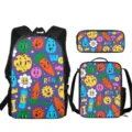Conjunto de mochila escolar de 3 piezas con divertido patrón de dibujos animados y estuche. - Estampado de Graffiti Retro Púrpura (ACB-0003) / Set de tres piezas
