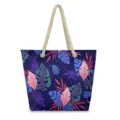 Hawaiian style beach casual canvas shoulder bag with tropical leaf print and sturdy rope handles. - 48x38cm / Dark Blue Colorful Leaf Style (STB-0035)