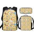 Bonito juego de mochila escolar de 3 piezas con divertido diseño de dibujos animados y estuche - Estampado de Graffiti de Dibujos Animados Amarillo (ACB-0004) / Set de tres piezas