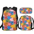 Juego de mochila escolar de 3 piezas con bonito patrón de corazones de dibujos animados. - Estampado de Corazón Retro Blanco (ACB-0005) / Set de tres piezas