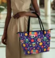 Women stylish shoulder tote bag with colorful sugar skull festival print and dual handles. - 45.8x30.5x28cm / Deep Blue Day of the Dead Skull Print (BAG2-0051)