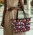 Halloween skull print tote bag, stylish purple shoulder bag with pumpkin and ghost design. - Purple Skull Print (BAG2-0076)
