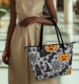 Halloween Pumpkin Ghost Print Tote Bag Fashion Shoulder Bag With Black Handle Variant - 45.8x30.5x28cm / White Halloween Pumpkin Ghost Bat Print (BAG2-0054)