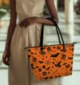 Sac Cabas Imprimé Citrouille Fantôme d'Halloween Sac à Main Bandoulière Orange Noir - 45.8x30.5x28cm / Style Citrouille Halloween Orange (BAG2-0059)