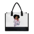 Canvas tote bag with black trim and cancer survivor girl graphic print, casual shoulder handbag. - 42cmx15.3cmx33cm / White Fabric Black Edge Print One (BJFBB-0031)