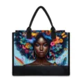 Canvas tote bag featuring colorful Afro woman graphic, black trim and durable shoulder handles. - Artistic Black Girl Floral Pattern (BJFBB-0006) / 42x15.3x33cm
