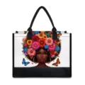 Borsa shopper in tela con design floreale di donna nera e bellissime farfalle colorate. - Stile Due (0002) / 42x15.3x33cm