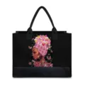 Custom black canvas tote shoulder bag featuring a stylish black girl graphic print design. - Black Girl with Pink Sunflower (BJFBB-0037)