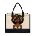 Borsa tote in tela alla moda con elegante stampa di ragazza nera e girasoli, capiente e pratica. - Stile Tre (0003) / 42x15.3x33cm