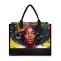 Canvas tote bag featuring artistic Black woman portrait, floral and butterfly print, black handle. - Colorful Female Portrait Illustration (BJFBB-0008) / 42x15.3x33cm