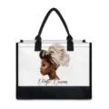 Canvas tote bag with Black girl Virgo Queen graphic print, stylish black trim shoulder bag. - 42cmx15.3cmx33cm / White Fabric Black Edge Print Four (BJFBB-0034)