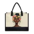 Borsa shopper in tela con stampa artistica di donna nera e fiori, manici e fondo neri. - Stile Quattro (0004) / 42x15.3x33cm