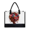 Canvas tote bag with black handle, African woman floral print, casual shoulder bag style. - Portrait Floral Illustration (BJFBB-0009) / 42x15.3x33cm