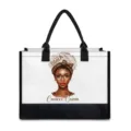 Sac cabas en toile avec motif graphique de femme noire stylée, sac d'épaule quotidien. - 42cmx15.3cmx33cm / Tissu Blanc Bord Noir Impression Cinq (BJFBB-0035)