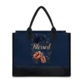 Dunkelblaue Segeltuch Tragetasche mit schwarzem Rand und Blumenmuster Schultertasche. - Stil Fünf (0005) / 42x15.3x33cm