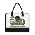 Schwarzer Leinwand-Shopper mit Afro-Frau-Druck, stilvolle lässige Umhängetasche. - Religiöses inspirierendes Textmuster (BJFBB-0025)