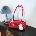 Red polka dot shoulder bag with cute rabbit charm and bow, stylish underarm bag for women. - With Pendant / Red