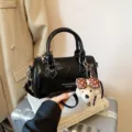 Black patent leather boston handbag stylish shoulder crossbody bag with cute dog pendant for women - With Pendant / Black