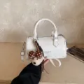 White PU leather Boston handbag stylish pillow purse versatile crossbody bag with bear charm - With Pendant / White