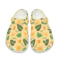 Gelbe tropische Blumen Blätter Muster Garten Clogs leichte atmungsaktive Badeschuhe - 35 / Tropische Pflanze Ahornblatt Druckstil (DDX-112) / Gelb
