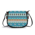 Ethnic PU saddle bag for women, stylish crossbody shoulder bag with boho geometric print. - Blue Tone Ethnic (V2MAB-008) / L 25 * W 19 * H 10.5