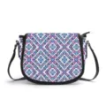 Ethnic geometric print PU saddle bag with black leather trim, stylish crossbody shoulder bag. - Ethnic Wave (V2MAB-009) / L 25 * W 19 * H 10.5