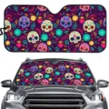 Bunter Totenkopf Auto Windschutzscheibe Sonnenschutz Faltbare UV Schutz Hitzeisolierung Matte - Mexikanischer Tag der Toten Blumen Zuckerschädel Stil (ZYB-047)