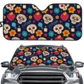 Auto-Frontscheiben-Sonnenschutz mit buntem Totenkopf-Muster, UV-Schutz und Hitzeisolation. - Dunkelblauer Tag der Toten Cartoon Elemente Stil (ZYB-048)