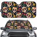 Car windshield sun shade with colorful Mexican sugar skull floral pattern UV protection front window - Vibrant Colorful Skull Style (ZYB-029) / 70*145cm