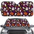 Halloween Auto Frontscheibe Sonnenschutz süßer Geist Kürbis faltbare Sonnenblende Zubehör - 70*145 cm / Dunkellila Lustiger Halloween Cartoon Stil (ZYB-004)