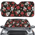 Auto-Windschutzscheibe Sonnenschutz mit Totenkopf und Rosen, faltbare Frontscheibe UV-Schutz Blende. - Dunkler Gothic Weißer Totenkopf Rote Rose Stil (ZYB-050)