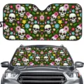 Auto Sonnenblende mit Totenkopf Blumenmuster, faltbarer Windschutzscheiben Schutz fuer den Sommer. - Dunkelgrüner Totenkopf Bunte Blumen Stil (ZYB-033) / Normale Spezifikation
