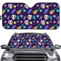 Car windshield sunshade with Mexican sugar skull and guitar floral print for summer UV protection. - Deep Purple Mexican Style (ZYB-025) / 70*145cm