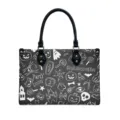 Damen PU Leder Handtasche Halloween Kürbis Geist Doodle Shopper Umhängetasche Top Griff - L / Schwarz Mit Weißem Graffiti (V2STB-149)