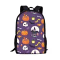 Halloween spooky pumpkin skull student backpack, casual bookbag for teens kids school daily use. - Purple Halloween Print (A-020) / H41 L28 W12cm