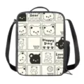 Bolsa de almuerzo con osito de dibujos animados en cuadrícula, cremallera y correa ajustable. - Estilo Oso de Cuadros Blanco y Negro (CB-037)