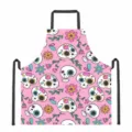 Halloween sugar skull pink kitchen apron, oil-resistant cotton cooking bib with straps. - Pink Skull Style (DKWQ-021)