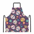 Erwachsene Küche Schürze mit digitalem Druck Totenkopf Muster, Polyester Stoff, langlebig. - Weißer Zuckerschädel Helle Blumen Stil (DKWQ-028)