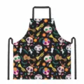 Schwarze Küchenschürze mit Tag der Toten Totenkopf und Musikmuster zum Kochen. - Mexikanischer Tag der Toten Stil (DKWQ-004)