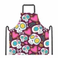 Halloween kitchen apron with cute cartoon sugar skull and pink heart patterns, oil-proof fabric. - Purple Sugar Skull Style (DKWQ-022)
