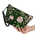 Floral cosmetic bag with wrist strap, cute botanical pattern zipper clutch for women. - 21.5*14.5*6.5cm / Dark Green Floral Pattern Style (hzb-141)