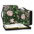Floral print Bible cover with zipper and handle, portable book storage case for daily use. - M / Dark Green Rose (SJB-109)