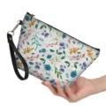 Floral print zipper makeup bag with black wrist strap for women daily storage and travel. - 21.5*14.5*6.5cm / White Botanical Leaves Style (hzb-143)