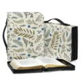 Floral pattern book carrying bag with handle and zipper for bible and reading books. - M / Off-White Blue Flower Leaf (SJB-110)