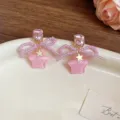 Pink crystal beaded bow earrings sweet star pendant cute girls fashion jewelry accessory - Style 14 Silver Post