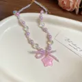 Pink sweet glass beaded crystal necklace with star pendant for women and girls fashion. - 20# Necklace